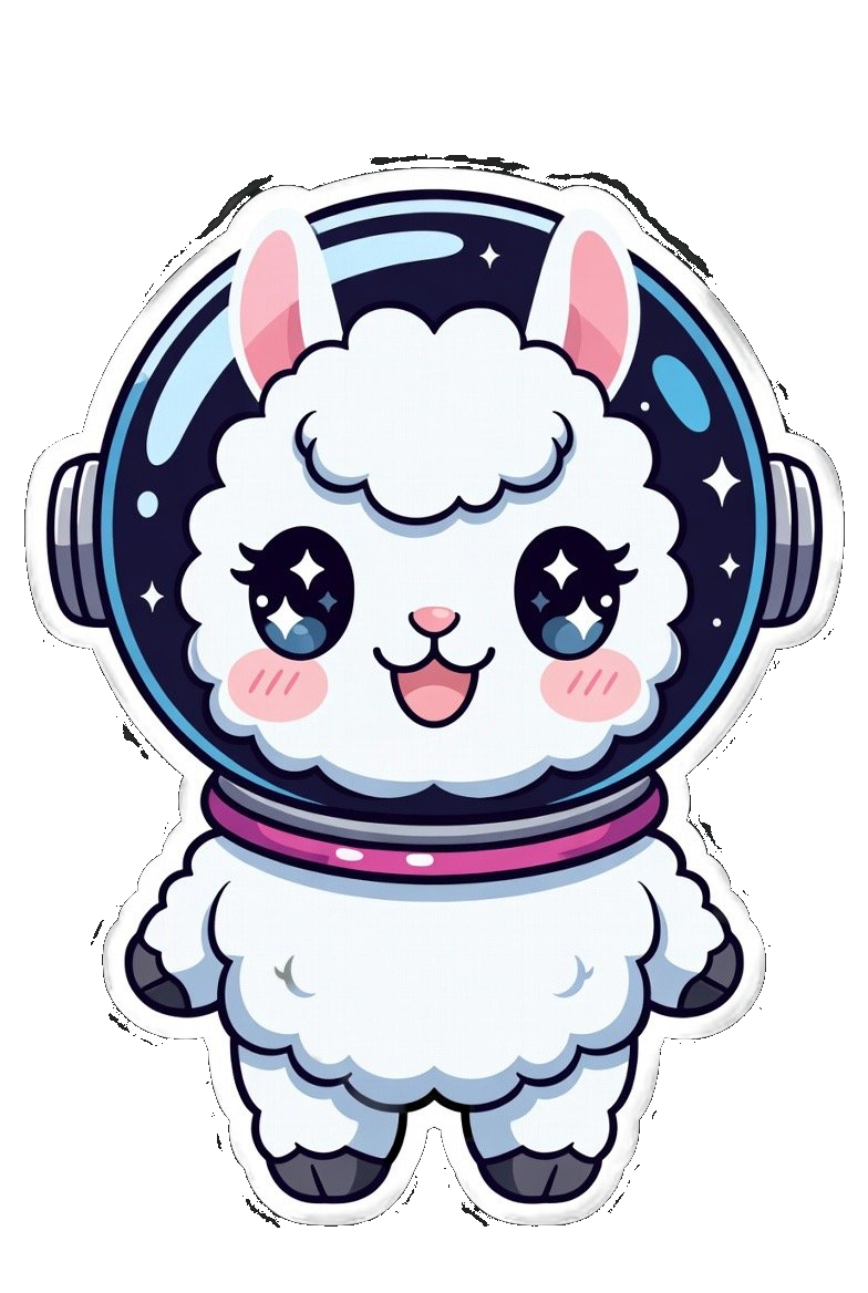 Mooshe, the Cosmic Llama mascot: a kawaii astronaut llama with stars in its eyes, rosy cheeks, and a space helmet, floating in the cosmic nebula